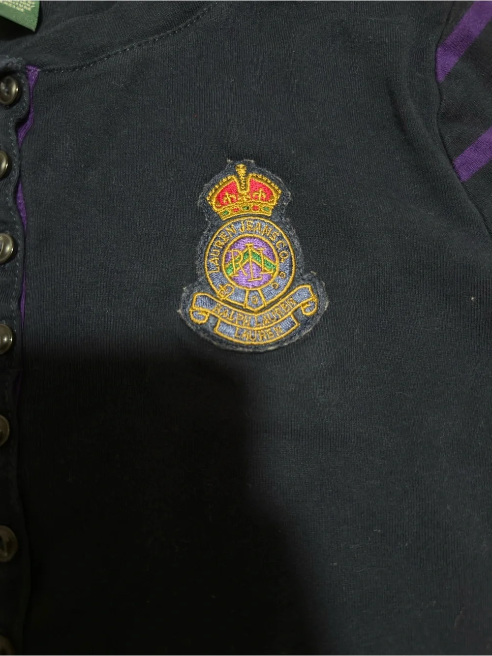 Ralph Lauren Navy Crewneck with Purple Striped Sleeves and Crest